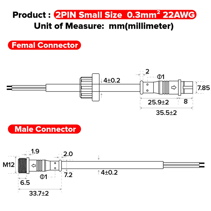 BTF-LIGHTING 2 Pin Waterproof Electrical Plug 22 AWG IP65 Male Socket 7.87 in/20 cm Extension Cable for Boat, Indoor/Outdoor LED Strip/Strip Light 22 mm Nut Small 5 Pairs 2Pin Small