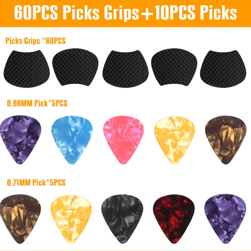 60pcs Guitar Picks Grips, Anti slip Silicone Soft Grips with 10 Guitar Picks, Two Different Thicknesses Guitar Picks, Self-Adhesive Guitar Pick Holder Black