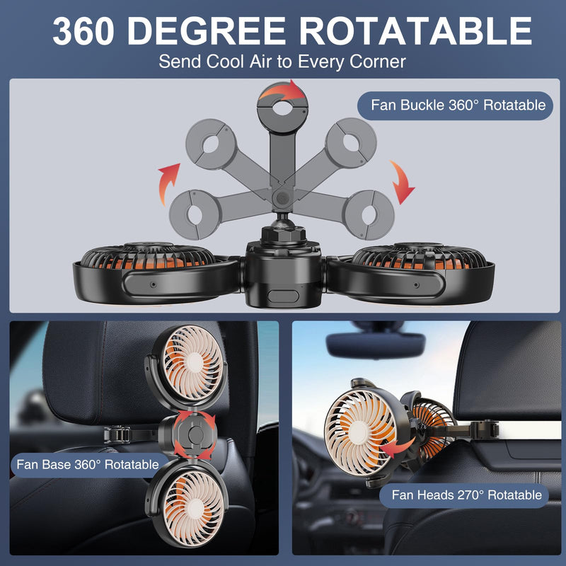 Dealswin Rechargeable Car Fan for Back Seat, Battery and USB Dual Power Car Fans for Baby Kids, Powerful 3 Speeds 360° Rotatable Dual Head Cooling Car Seat Fan Large