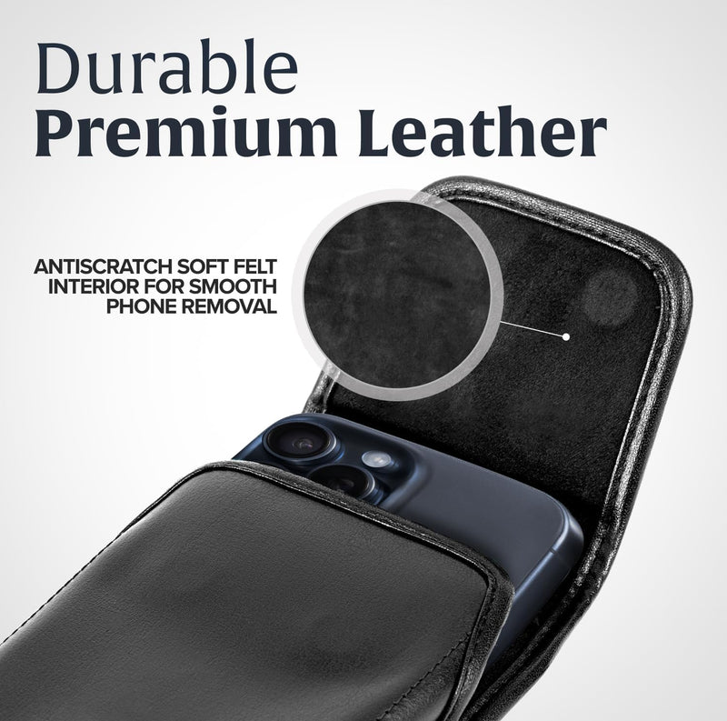 Turtleback Premium Leather Phone Holster for iPhone 16 Pro Max, 15 Pro Max, 14 Pro Max, 13 Pro Max – Black Phone Belt Holder Fits Slim Cases – with Exclusive Metal Belt Clip, Magnetic Closure Small Vertical - Leather w/ Rotating Clip