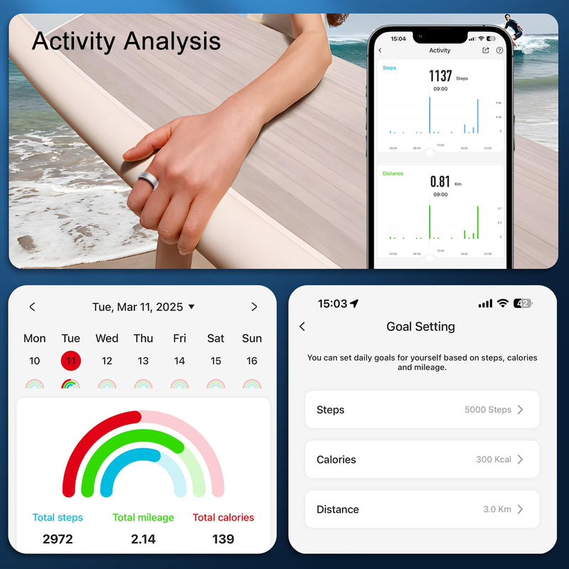 Smart Ring for Women Men,Fitness Tracker Ring with Sleep Monitor,Heart Rate,Blood Oxygen,Steps,Calories Tracker,IP68 Waterproof Smart Rings,5-7 Days Battery Life for iOS Android,No App Fee（Silver,9） 9 Silver