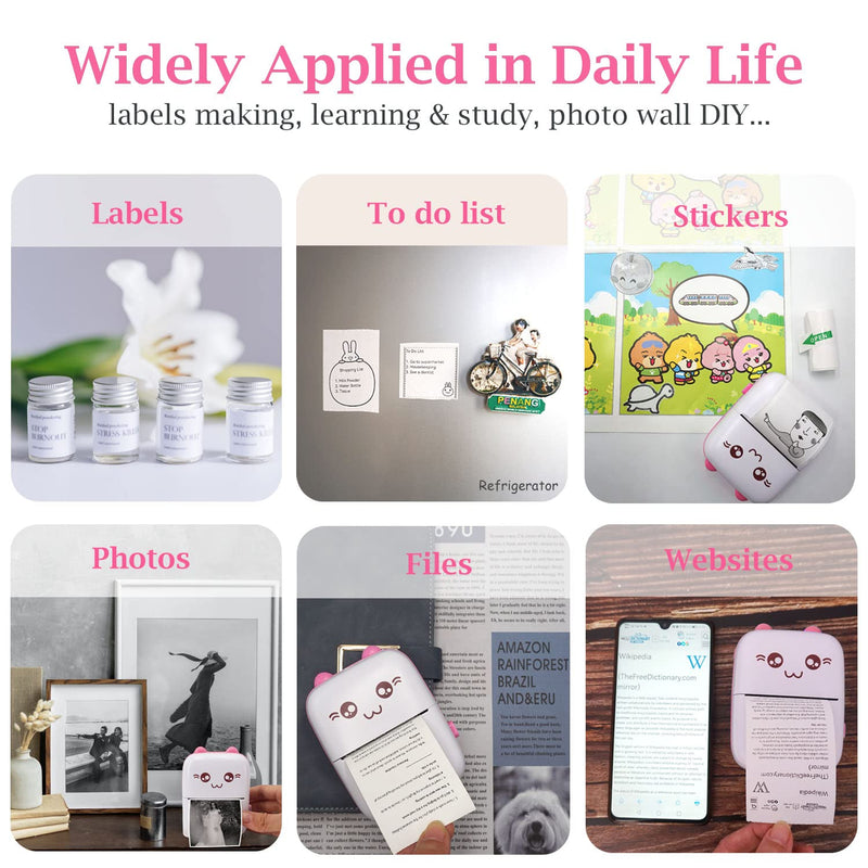 Mini Pocket Printer, Portable Thermal Printer with 8 Rolls Printing Paper, Bluetooth Wireless Tiny Printer for Photos/Stickers/Labels/Notes/Receipts, Compatible with iOS and Android, Pink