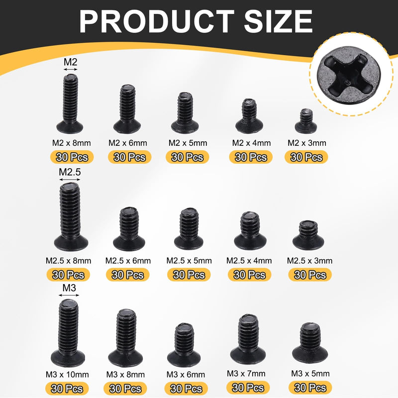 PATIKIL 450Pcs 30pcs of Each M2 M2.5 M3 Laptop Computer Screw Kit Black | Carbon Steel, Phillips Flat Countersunk Head Screw Assortments, for Universal Laptops PC Case DIY Repair