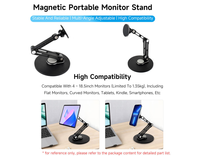 Portable Magnet Monitor Adjustable Stand Magnetic N52 Neodymium, Compatible with 4~18.5inch Monitors, Supports Multi-axis Rotation, Comes with Magnetic Metal Rings, Foldable for Easy Storage