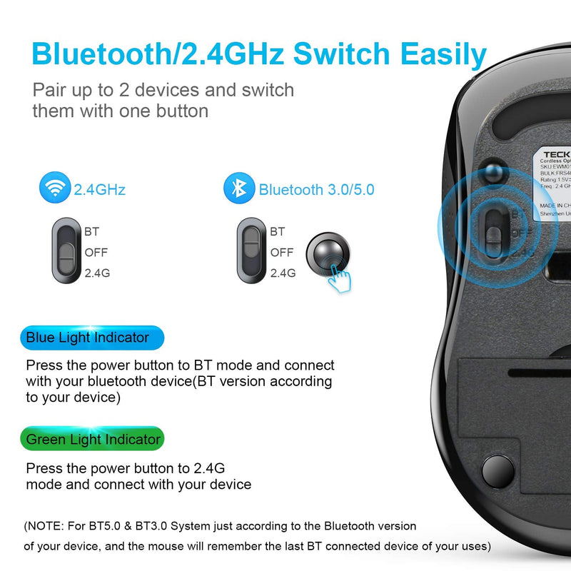 Bluetooth Wireless Mouse, TECKNET 3 Modes Bluetooth 5.0 & 3.0 Mouse 2.4G Wireless Portable Optical Mouse with USB Nano Receiver, 2400 DPI for Laptop, MacBook, PC, Windows, Android, OS System (Black) Black