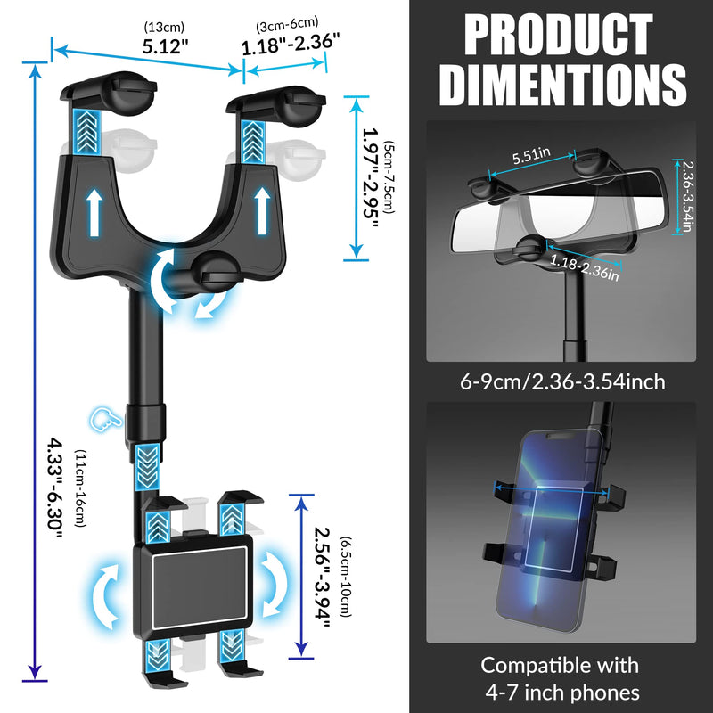 SXhyf Rear View Mirror Phone Holder, 2023 Rotatable and Retractable, Universal Mount, Cell Car Fit for iPhone 11 12 13 14 Pro Max Samsung All Phone