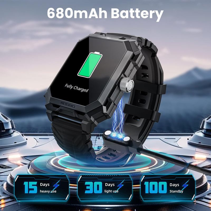 Rogbid Military Smart Watch for Men | Answer/Dial Call, 680mAh Battery, IP69 Waterproof, Blood Pressure Heart Rate, Android Phones Compatible, Fitness Tracker Decepticon-Black