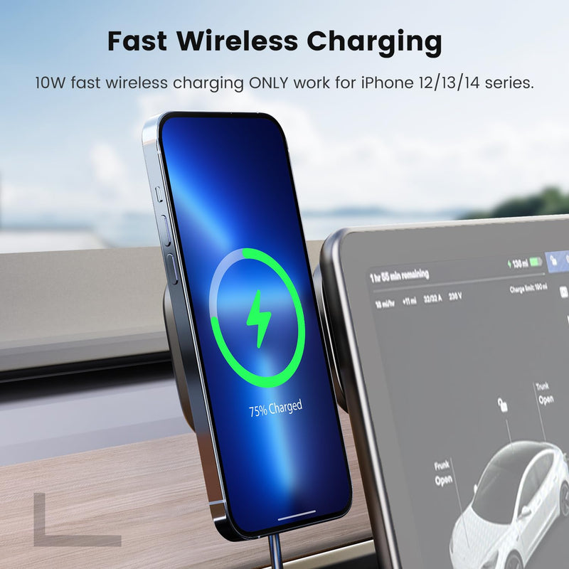 Fast Charging Wireless Car Charger Mount, Magnetic Foldable Car Phone Holder for Tesla Model 3/Y Designed for MagSafe Compatible with iPhone 12/13/14 Series Wireless Charge Version
