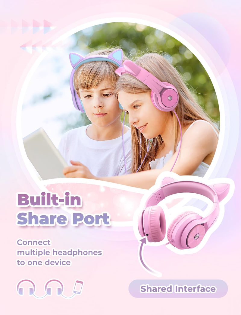 iClever Kids Headphones with Cat Ear Led Light Up, Safe Volume Limite Kids Wired Headphones with FunShare Foldable Over-Ear Headphones for Kids/School/iPad/Tablet/Travel, Meow Donut-Pink Pink Medium
