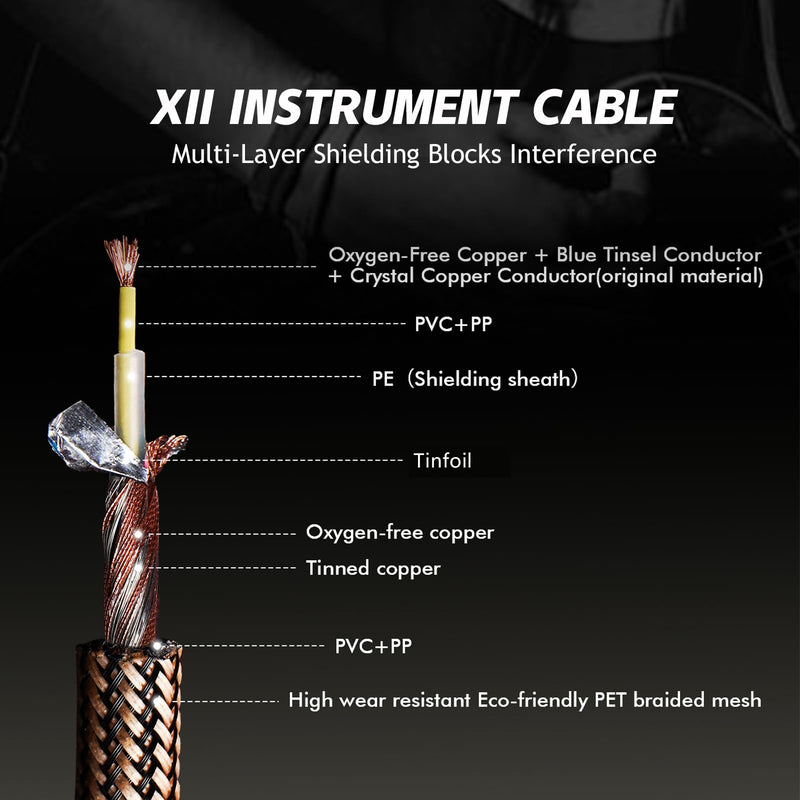 [AUSTRALIA] - 20ft Guitar Cable, 1/4 Inch Straight/Straight Instrument Cable, Electric Cord Guitar Amp Cord for Bass Amp and Instruments (XII Champagne & Black Braided) 