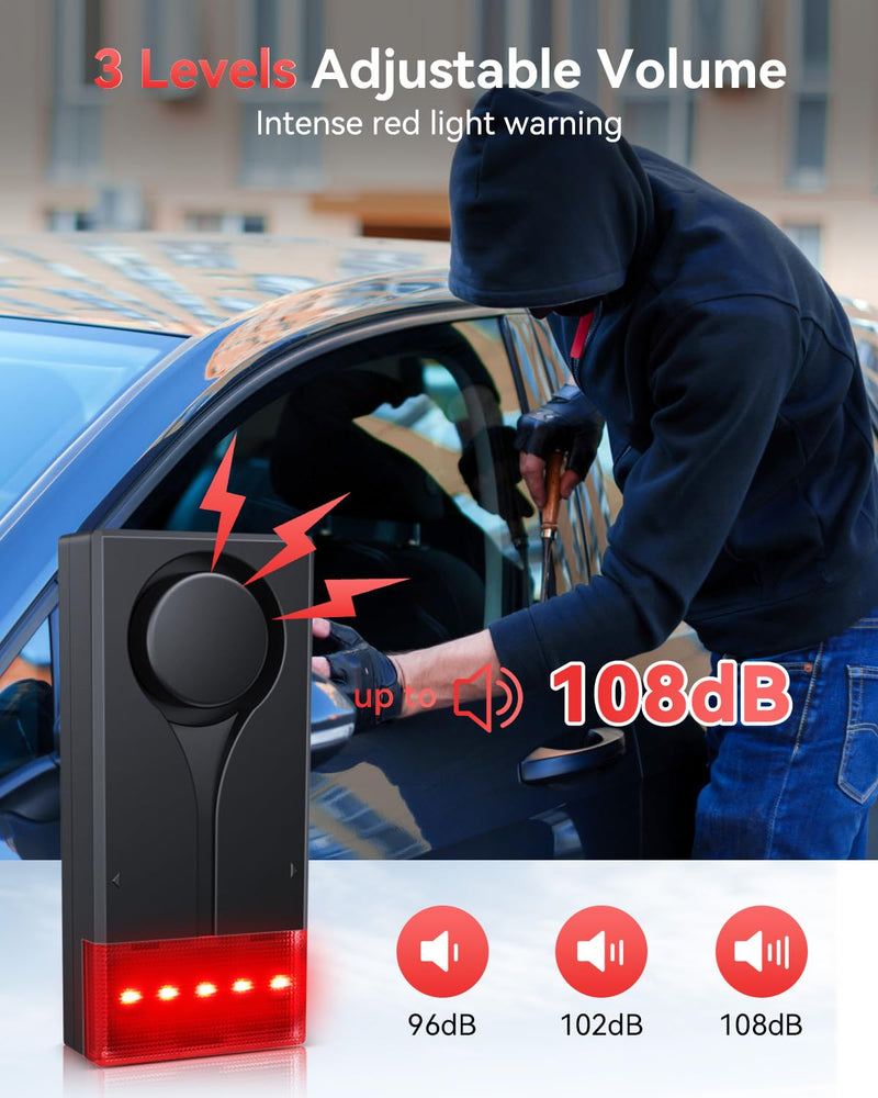 Car Vibration Sound & Light Alarm with Remote, ELECTOP 108dB Automobile Anti-Theft Vibration Alert, Anti-Theft LED Flashing Security Light Wireless Remote Vehicle Security Alert with 2pcs Alarm 2 Alarm(Upgraded Remote)