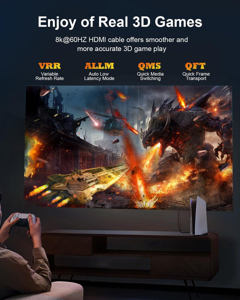 10K 8K 4K HDMI 2.1 Cable, CL3 Rated in Wall 48Gbps Ultra High Speed Cable 60 Ft Long, Slim & Light Unidirectional Fiber Optic HDMI, Support 8K@60Hz 4K@120Hz, D-HDR, EARC Dolby Atmos Uni directional Black