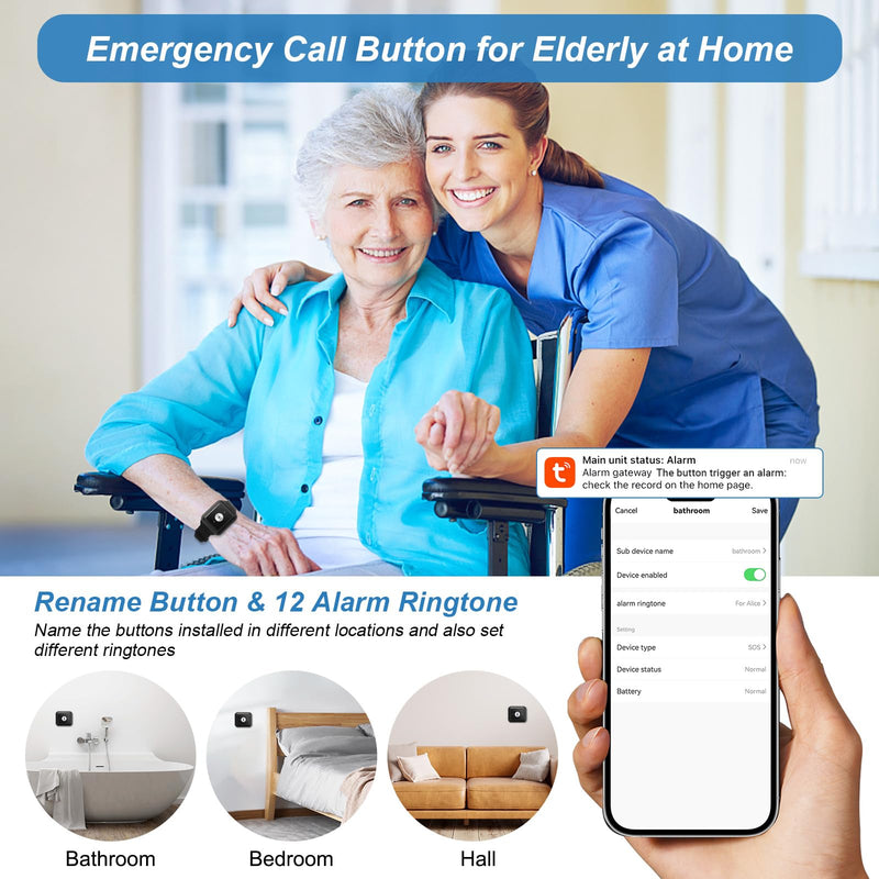 WiFi Rechargable Caregiver Pager Call Button Emergency Alert System Life Alert Button for Seniors Patient Disabled Elderly 1 Call Button 1 Watch Button 1 Receiver(only Supports 2.4GHz Wi-Fi)