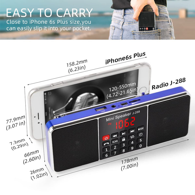 PRUNUS J-288 Portable Radio AM FM Radio with Bluetooth Speaker, Sleep Timer, Power-Saving Display, Ultra-Long Antenna, AUX Input & USB Disk & TF Card MP3 Player, NO Manual Preset Blue