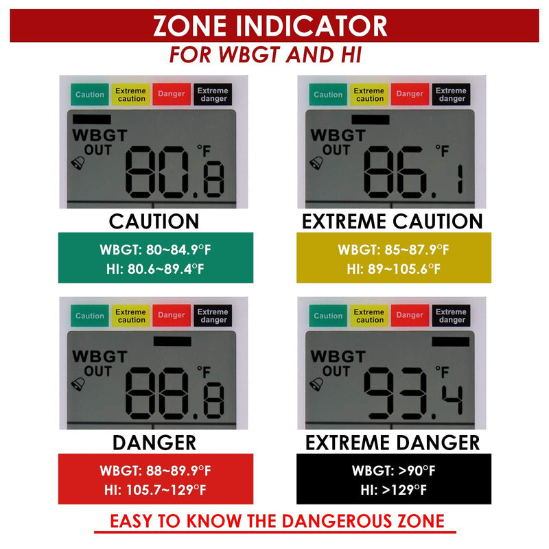 Portable 2 in 1 WBGT + HI Heat Index Checker Wet Ball Globe Temperature Heat Stress Meter Air Temperature Humidity Tester with Acoustic Alarm to Display Dangerous Levels Portable WBGT + HI-Checker