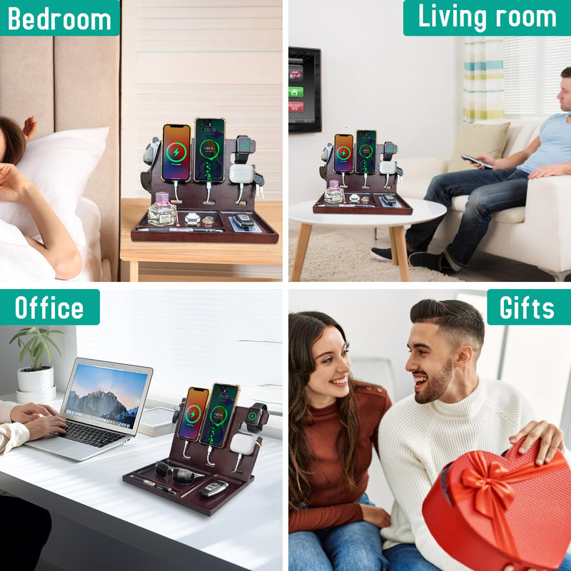 Wood Phone Docking Station with 4 USB 22.5W PD & QC3.0 Fast Charger,Nightstand Organizer for Men, Dual Phone Charging Station for iPhone Samsung Google Android,Anniversary Birthday Gifts for Men Him 8808