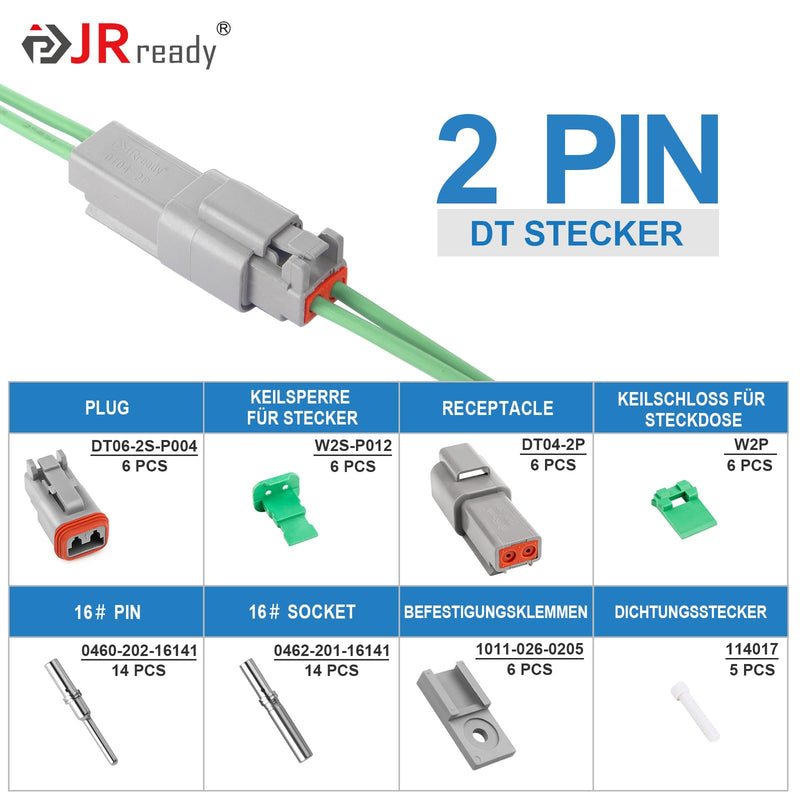 JRready German Plug 2-Pin Grey IP68 Waterproof DT Connector Set 6 Sets with German Terminal Kit Wire Gauge 16-20 AWG for Car, Motorcycle, Truck, Boat 2 Pins 6 Sätze-YK