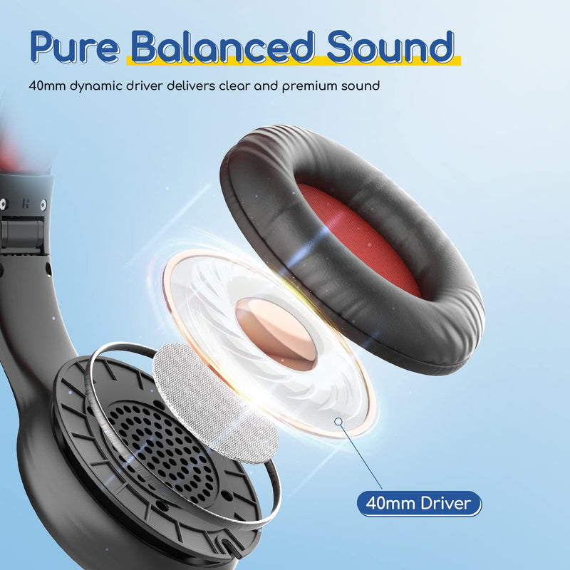 [AUSTRALIA] - EarFun Kids Headphones Wired with Microphone, 85/94dB Volume Limit Portable Headphones for Kids with Shareport, Stereo Sound Foldable Headset for School/Tablet/iPad/Kindle, Black Red Plug 3.5mm 