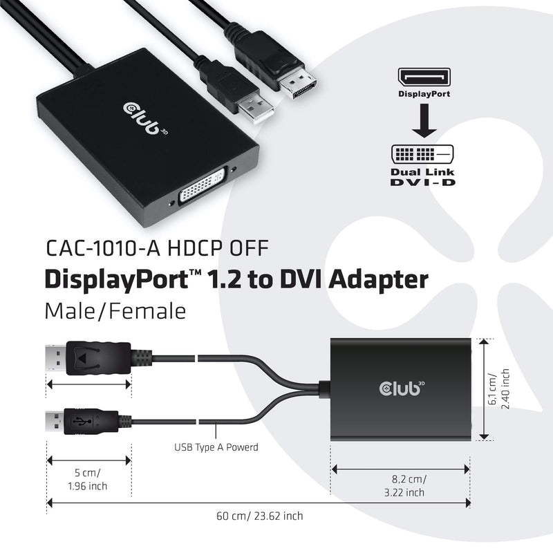 Club 3D CAC-1010-A DisplayPort to Dual Link DVI-D HDCP Off Version Active Adapter M/F for Apple Cinema Displays