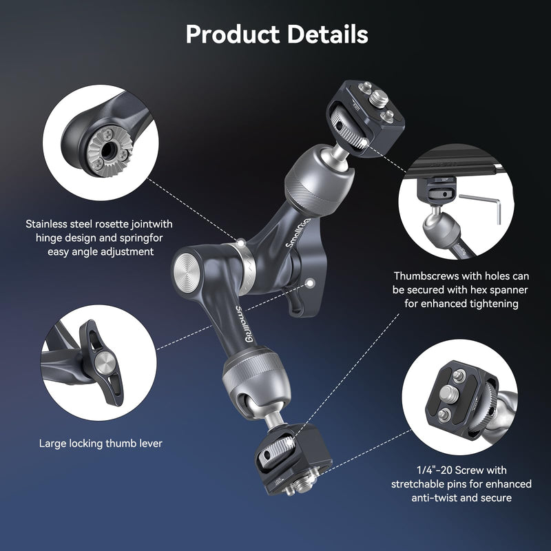 SMALLRIG 7" Rosette Magic Arm, Camera Monitor Mount, Articulating Arm with 1/4"-20 Screws and Anti-Twist Pins, Max Load Capacity 3.5kg Friction Arm, for Cameras, Monitors, LED Lights and Phones 7" Gear Magic Arm