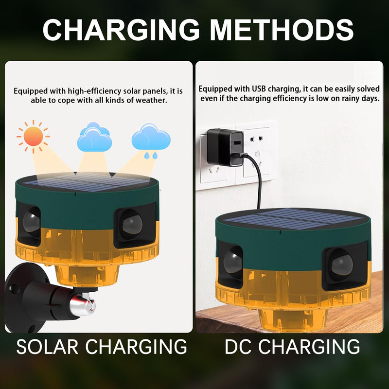 [AUSTRALIA] - Solar Outdoor Motion Sensor Alarm: Dog Barking&Gunshot Sound, 129db Loud Siren,Support Recording, 13 Kinds of Sound Strobe Light Yellow 1 Pack 
