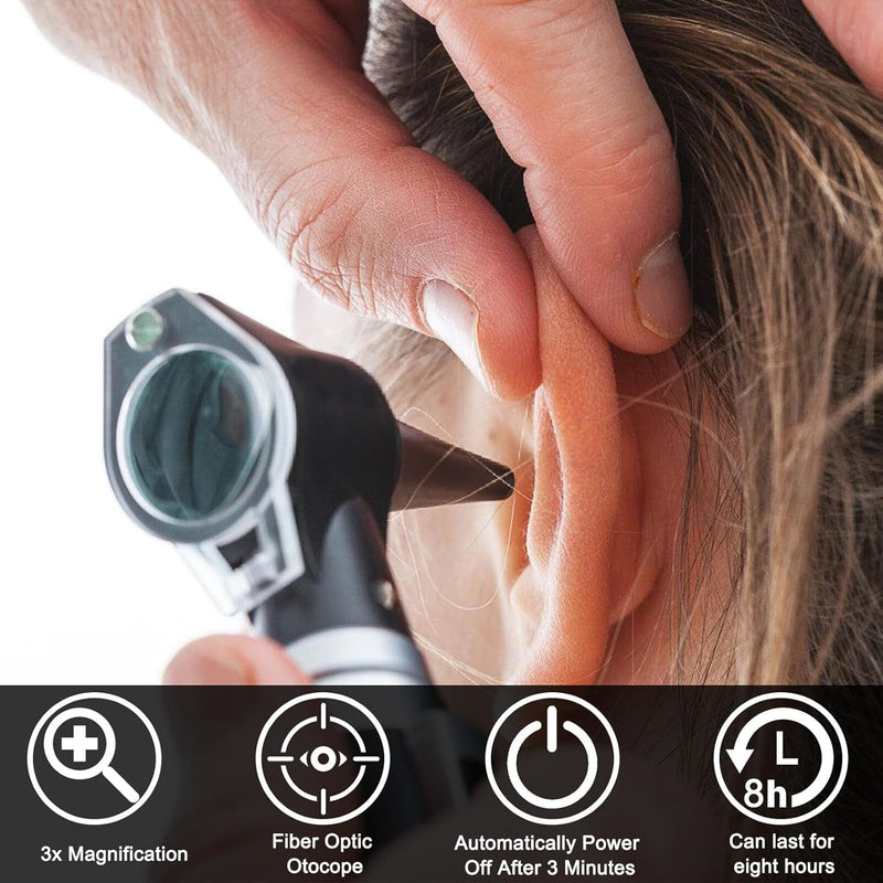 Otoscope with Light, Otoscope with Light with 3x Magnification and 4 Speculum Tips Size, 8 Ear Plugs Otoscope Set with Hard Plastic Case for Adults and Children and Pets Black