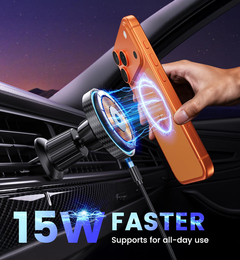 Magnetic Car Charger Mount 15W for iPhone 17-12 Pro Max | N52 Strong Magnets, 360° Rotation, Dashboard & Vent Mount, Compatible with Magnetic Cases, Gift for Men, Black CFBlack