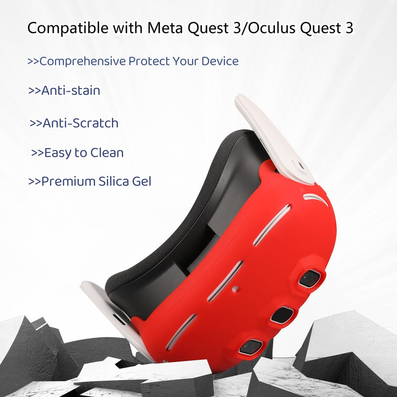 MEGREZ VR Silicone Cover Set Compatible with Oculus/Meta Quest 3, Quest 3 Accessories Protective Cover includes Face Cover, Headset Shell Cover, Protective Lens Cover, Controller Grips, Red