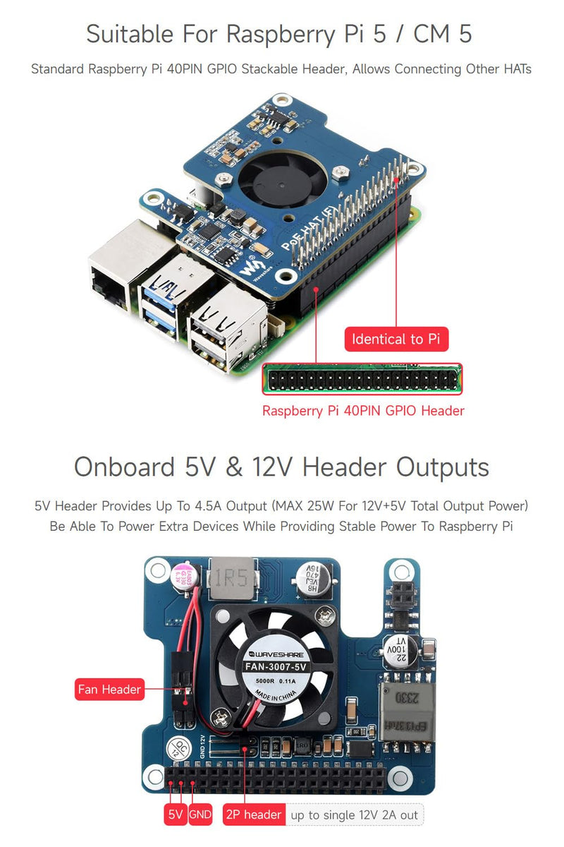 Waveshare PoE HAT (F) Compatible with Raspberry Pi 5, High Power, Onboard Cooling Fan, with Metal Heatsink, Supports 802.3af/at Network Standard