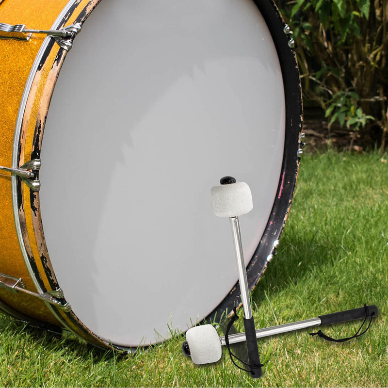 2Pcs Bass Drum Mallet, 12.6 Inch Wool Felt Head Drum Mallet Stick Anti-slip Bass Percussion Sticks Instrument Band Accessory for Drums Snare Drums (Stainless Steel) Black Handle Cover