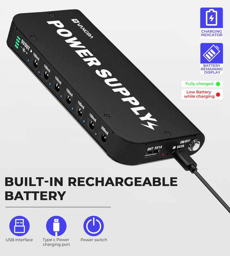 Vangoa Rechargeable Guitar Pedal Power Supply Built-in 4600mAh Battery with LED Indicator 7 Outputs DC 9V (300mA, 100mA), 5V/1A USB Port, Portable Guitar Pedal Power Supply, Black, PS-01 6.9''*3''*0.9''