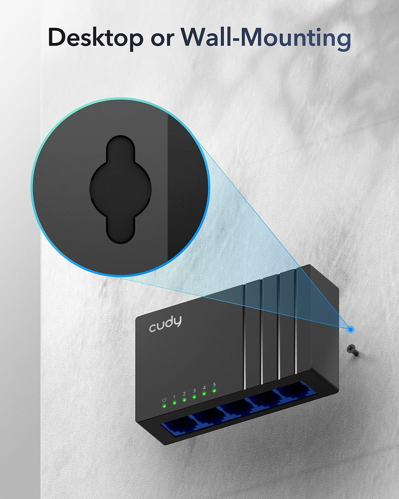 Cudy 5 Port Gigabit Compact Unmanaged Ethernet Switch, GS105D | 5x GbE RJ45, 10 Gbps capacity, 7.44 Mpps, 140m reach, IGMP snooping, silent plastic body, tabletop/wall install, 1.2W max
