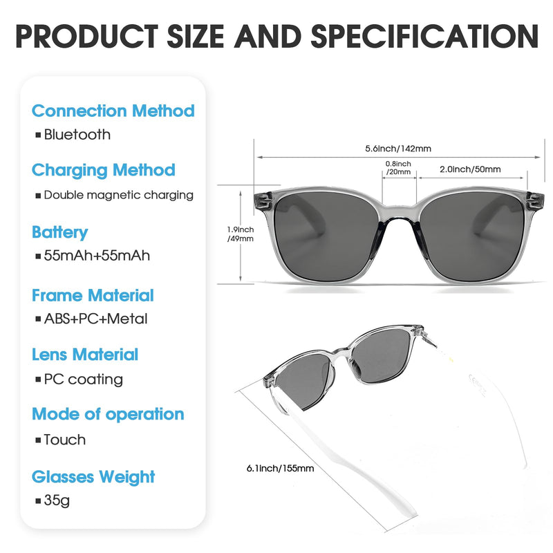 Ai Smart Glasses for Men&Women|Real-Time Translation|Hall-Effect Sensing|UV Protection Bluetooth Sunglasses (Transpraent Frame Black Lens) Transpraent Frame Black Lens