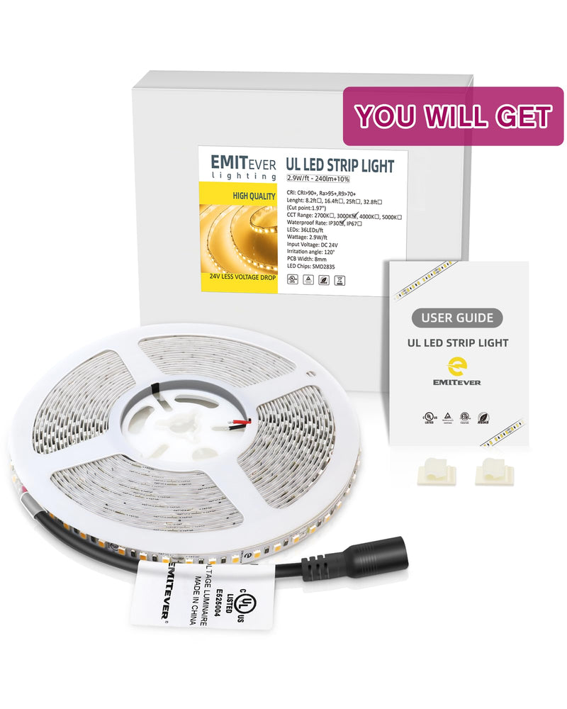 [AUSTRALIA] - EMITEVER LED Strip Lights Warm White 3000K, UL 24V LED Tape Light, 16.4ft, Ra 95+, IP30, 2.9W/ft, 240+Lumens/ft, 600LEDS/Spool, UL Listed 5 Year Warranty (Power Supply Sold Separately) 