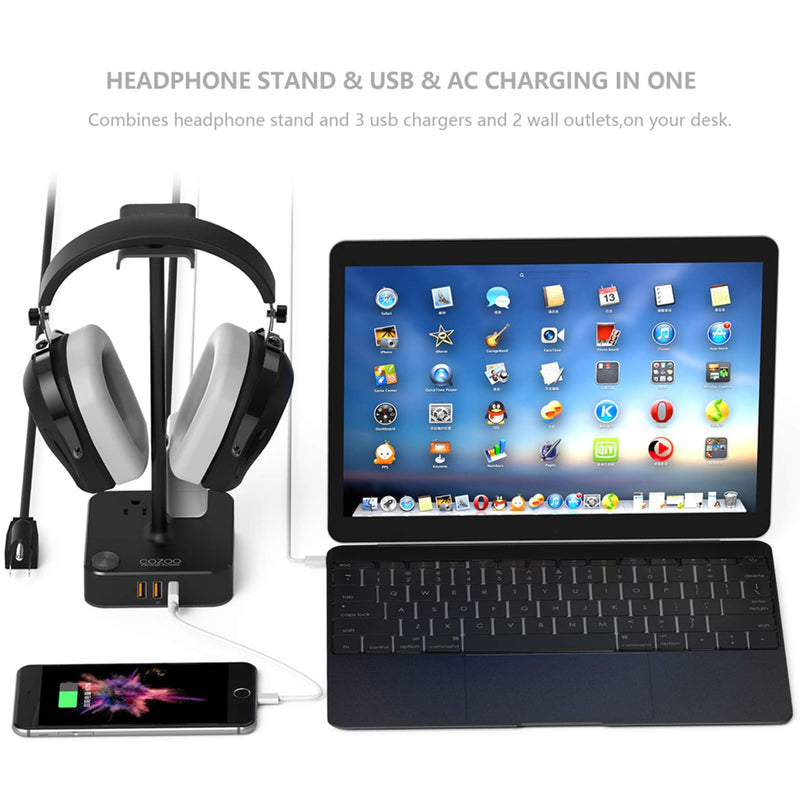 Headphone Stand with USB Charger COZOO Desktop Gaming Headset Holder Hanger with 3 USB Charger and 2 Outlets - Suitable for Gaming, DJ, Wireless Earphone Display (Black) 1.Black