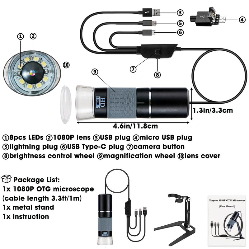 [AUSTRALIA] - Ninyoon Full HD 1080P USB Digital Microscope Camera for iPhone iPad Android PC, 50-1000X High Definition Portable Handheld Microscope with Light for Coin Plants Trichome Soldering Skin Scalp Black 