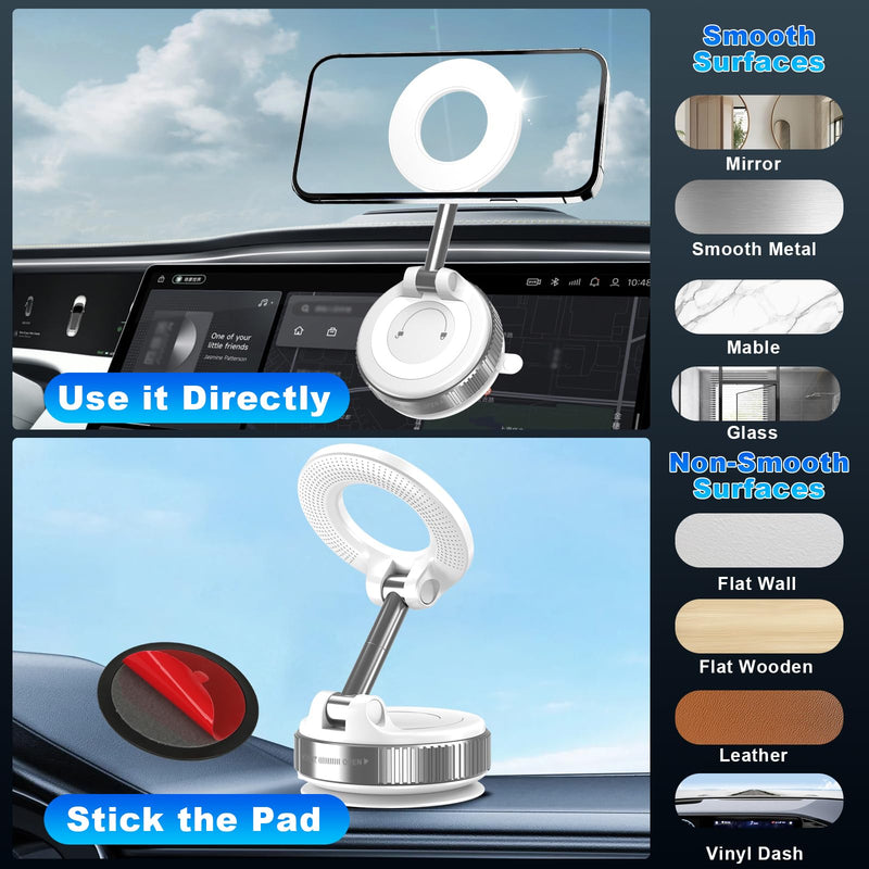 Vacuum Magnetic Phone Holders for Your Car, 360° Adjustable Car Phone Holder for Magsafe with Powerful Magnet, Folding Car Mount for iPhone 17 Pro Max 16 15 14 13 12 Air Plus & Android White
