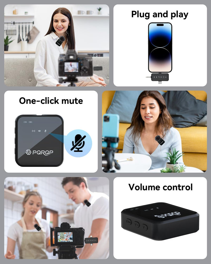 [AUSTRALIA] - PQRQP 3 in 1 Microphone for iPhone/Android/Camera, Wireless Microphones, 328ft Transmission, 18H Battery Life, Mini Microphone for Record Interview, Vlogs, YouTube, Tiktok, Preamps Ebony Black 