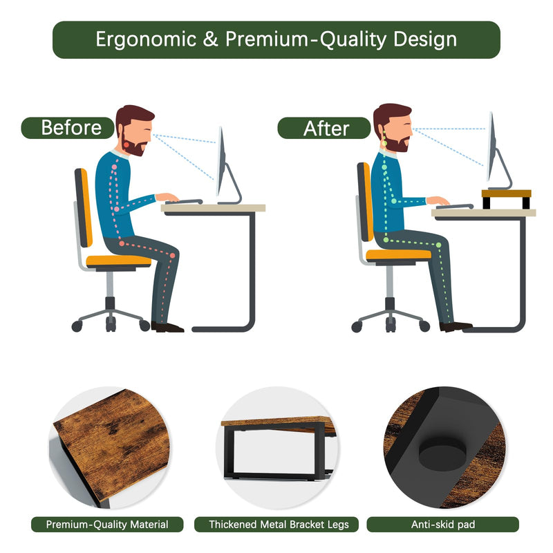 Wood Monitor Stand Riser, 2 Pack Desktop Laptop Riser for Dual Monitors & Printer, Engineered Wood Ergonomic Desktop Riser for Office PC Laptop, Rustic Brown