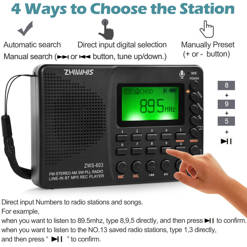 [AUSTRALIA] - ZHIWHIS Portable Bluetooth Radio, FM AM Shortwave Radios with Sleep Timer and Preset Function, Rechargeable Digital Recorder, Stereo MP3 Player with Lyric Display, Support Micro SD Card and AUX ZWS-603 (green backlight) 