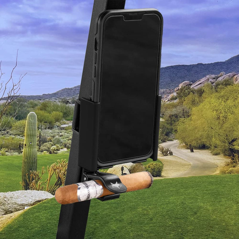 DESERT FOX GOLF Phone Caddy and Cigar Holder - Adjustable Cart Mount With Secure Clip - Hands-Free GPS & App Access - Fits All Phones (Black) Black