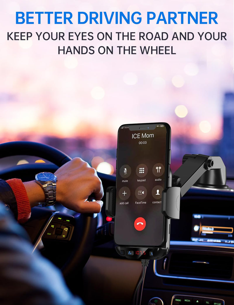 [AUSTRALIA] - Bluetooth Car Adapter 3 in 1 FM Transmitter Car Radio Bluetooth Transmitter with Phone Holder, QC3.0 Fast Charging, Strong Microphone, HiFi Bass Sound, Hands-Free Call, Support USB/TF Drive BLACK 2 