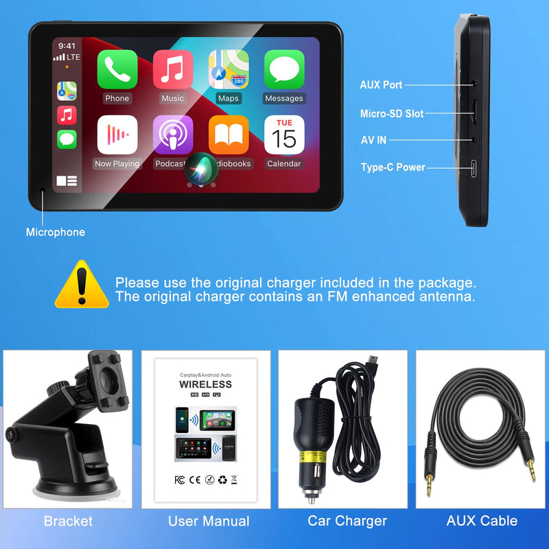 Wireless CarPlay Screen Android Auto for Car, 7" Car Stereo Touch Screen Naivgation Portable CarPlay Bluetooth Mirror Link, Siri, AirPlay, AUX, Voice Assistant for All Vehicles 7 Inch