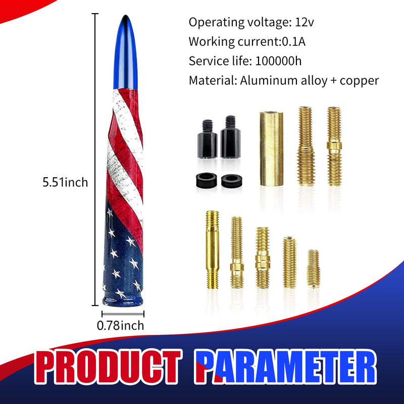 1 PC Car American Flag Bullet Antenna, 5.51" x 0.78" Anti-Theft Security Antenna, Stable Signal Receiving Antenna with Threaded Mounting Accessories, for Most Car Models (Blue) Medium Blue #American Flag