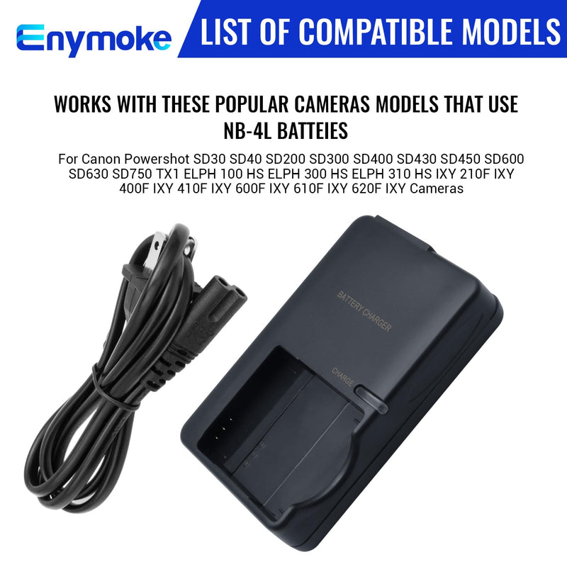 CB-2LV CB-2LVE Battery Charger for Canon NB-4L Battery Compatible with Canon Powershot SD40 SD30 SD300 SD200 SD430 SD450 SD600 SD400 SD630 SD750 TX1 ELPH 100 HS ELPH 300 HS ELPH 310 HS Cameras Battery