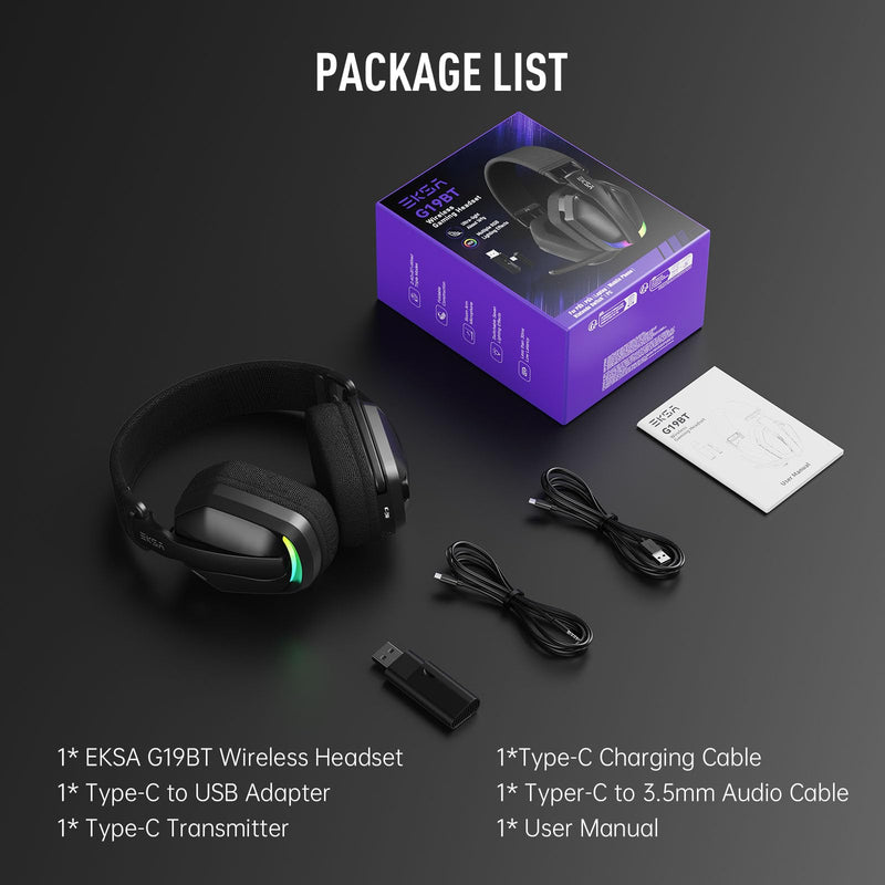 EKSA 2.4GHz Wireless Gaming Headset for PS5/PS4, PC, Switch, Mac, Bluetooth 5.4 Gaming Headphones with Noise Cancelling Microphone, 169g Ultralight, RGB, Type-C, 35H Battery, Wired Computer Headphones Black