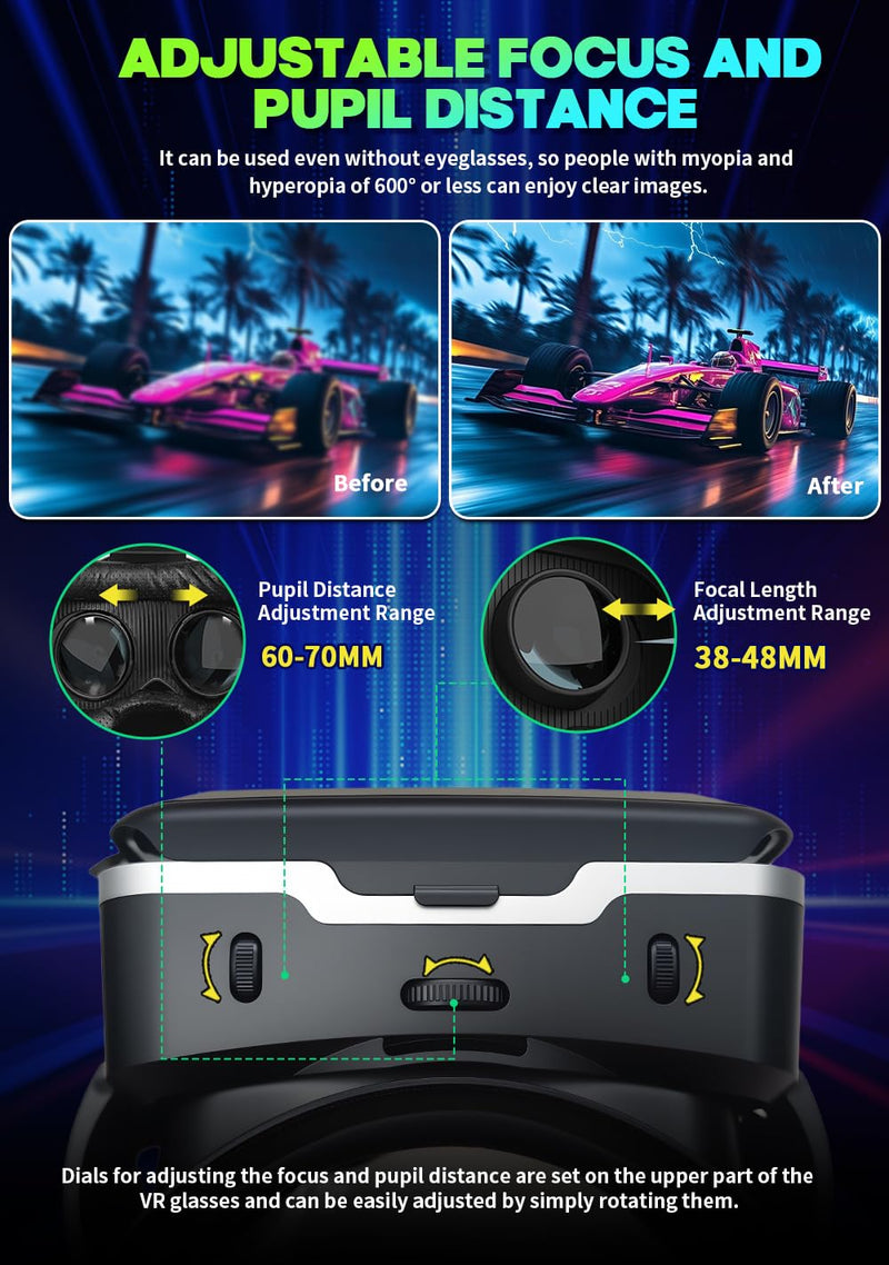 VR Headset with Built-in Headphones, 120° FOV Aspheric Lenses for 4.7-7" Smartphones, 3D VR Glasses Adjustable Focus/IPD, Compatible iPhone Android