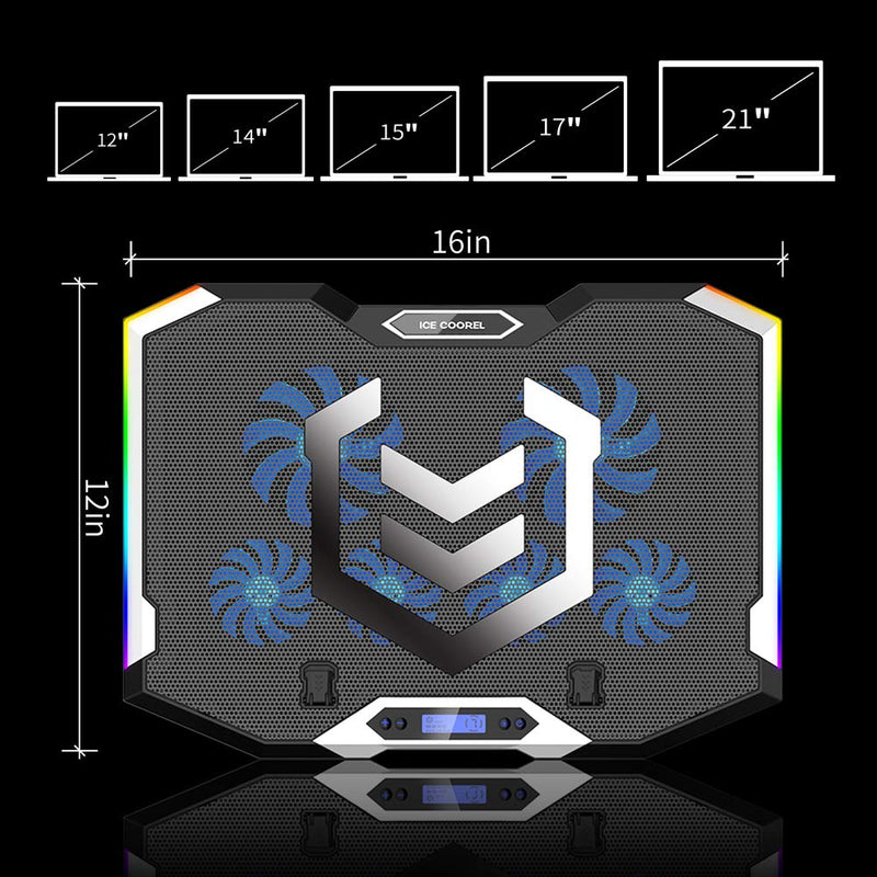 ICE COOREL Gaming Laptop Cooling Pad 15-17.3 Inch with 6 Cooling Fans, Cooling Stand with 6 Height Adjustable, Laptop Cooler with RGB Light, LCD Screen, 2 USB Ports, Phone Stand 6 Fans