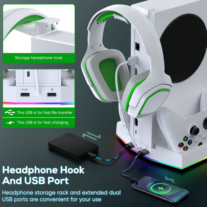Upgraded Cooling Fan Stand for Xbox Series S with Charger Station, MENEEA Controller Charging Dock & Console Cooler System with 15 Colorful RGB Light & Headset Hook, Accessories for XSS White