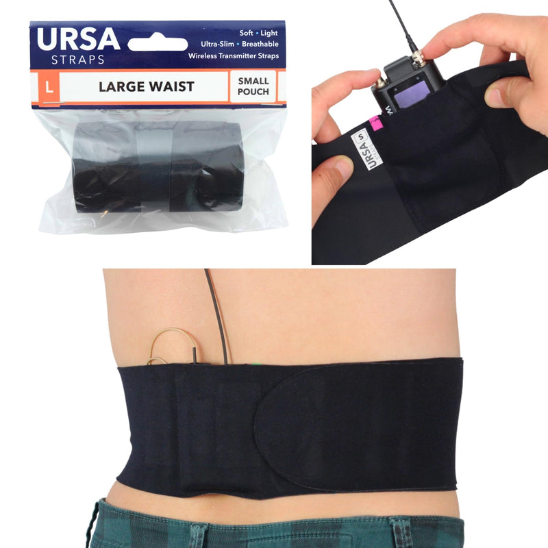URSA Waist Strap - Ultra Slim, Breathable & Stretchy Microphone Transmitter Straps. Compatible with Most Transmitter/Receivers (Black, Medium Waist - Small Pouch)